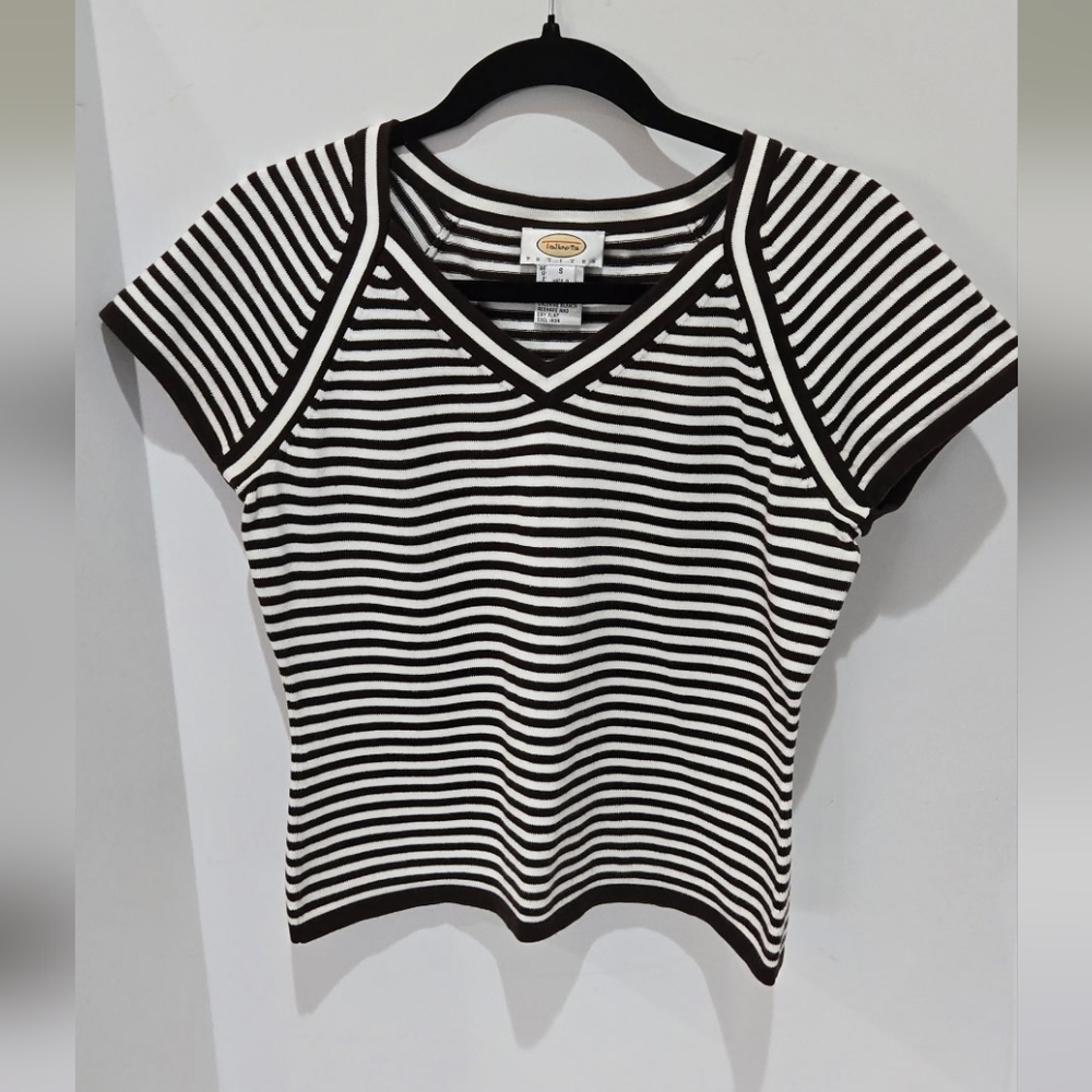 Talbots Vintage Striped V-Neck Short Sleeve Knit Top - Nautical/Preppy